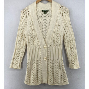 EDDIE BAUER Sweater Womens M Linen Cotton Lace Stitch Cardigan Button Up Ivory